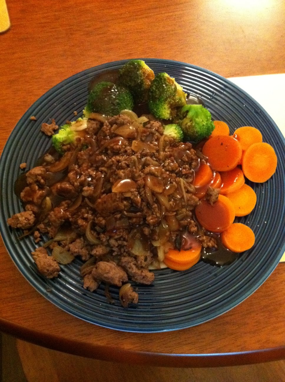 What I Eat Savoury mince with onion gravy, broccoli and carrots.