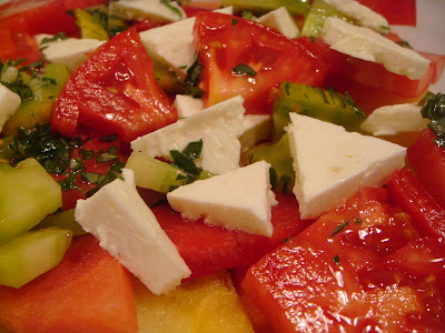 Watermelon, feta, and heirloom tomato salad