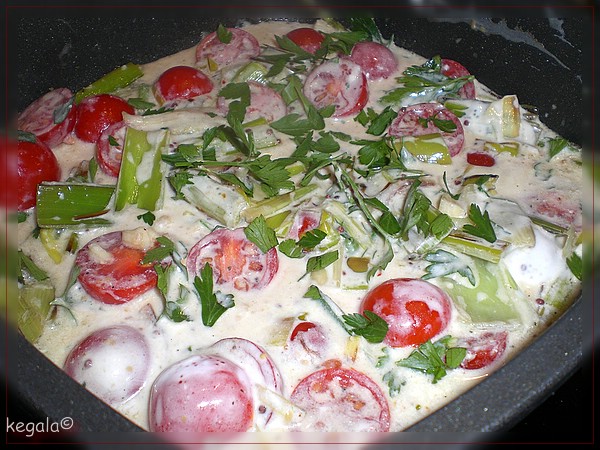 Kk = Kegala kocht: Seelachs auf Lauch-Tomaten-Gemüse, mit Reis