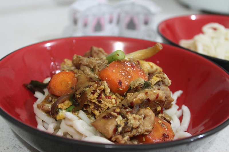 More than Words Spiced Teriyaki Chicken and Oyster Mushrooms on Udon