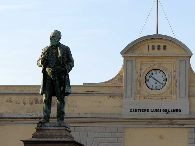 Luigi Orlando statue, clock, Orlando shipyard, Livorno