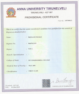 My certificates: M.B.A PROVISIONAL CERTIFICATE