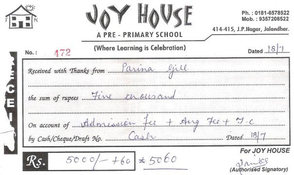 Pareena Admission -JOY HOUSE RECEIPT