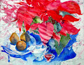 acuarela bodegón naturaleza muerta flor de pascua peras watercolor still-life pear