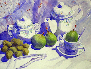 bodegon acuarela nueces peras still-life watercolor pear