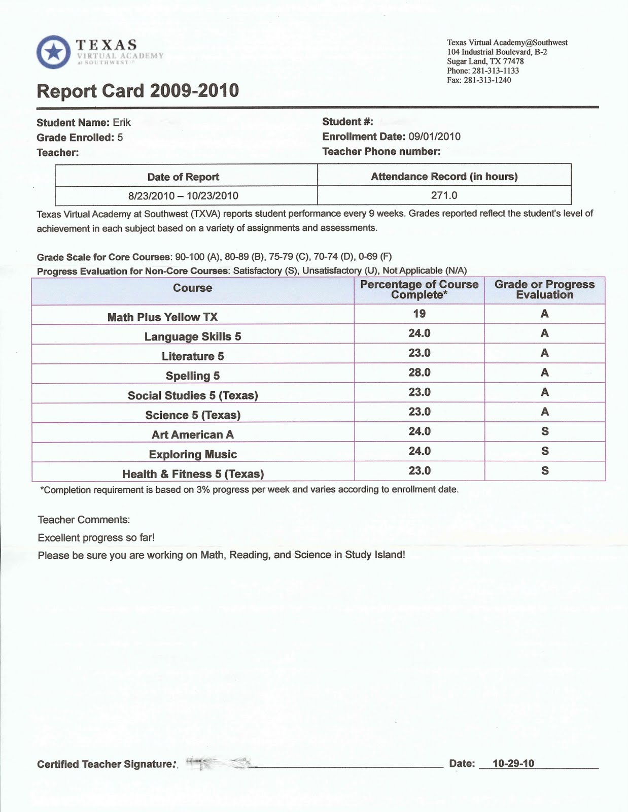 Erik Cameron: 1st Quarter Report Card