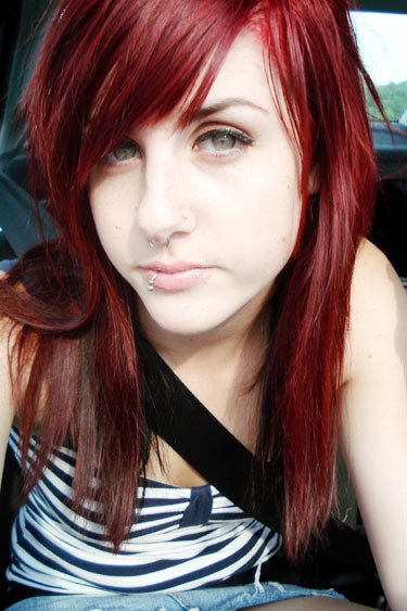 black hair with red and blonde streaks. red and londe highlights in