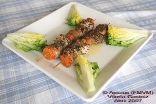  Brocheta mixta, conejo y pavo con verduras 