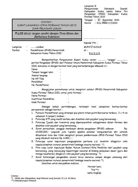 Contoh Isi Surat Lamaran Cpns Contoh Surat Lamaran Cpns