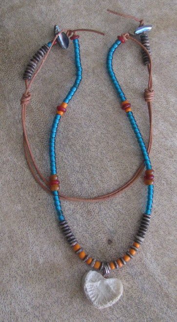 deer bone, glass, clay, dyed & undyed horn& abalone shell, strung on leather
