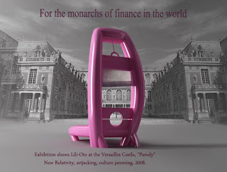 Jeff Koons parodied by lili-oto on his exhibition at Versailles Castle,  for the monarchs of the finance in the world, the golden parachute, the only work of art news for the whole year, the artistic movement of the new relativity, artjacking, jamming culture, 2008