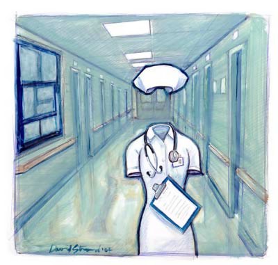 Sygeplejerske-dragt på hospitalsgang