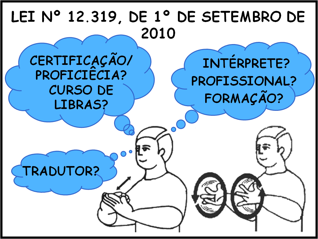 Desenho de duas pessoas interpretando libras e questionando a legislação pertinente à formação do profissional