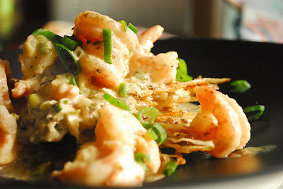 Shrimp in a Mustard Sauce over Crispy Potato Cakes