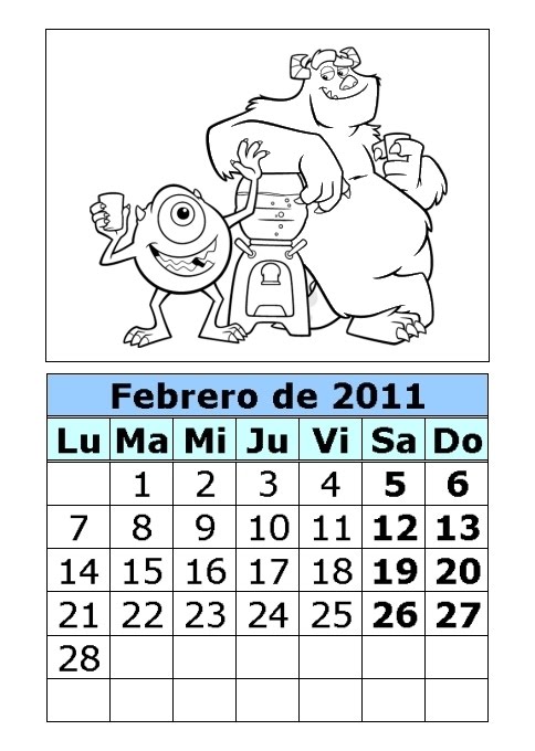 calendario 2011 para imprimir. Calendario de Monstruos s.a.