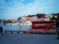 Flags at a barge called Dialogue, Belgrade.