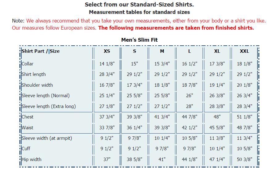 Modern Tailor | ModernTailor Standard Shirt Sizes
