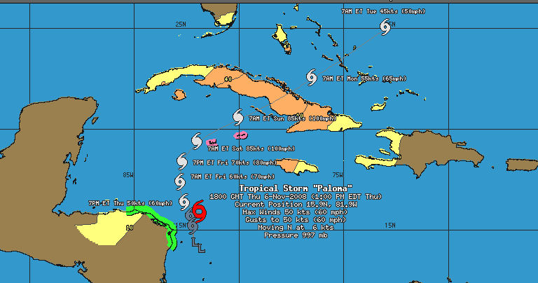 kikka: trayectoria paloma: cuba: huracan 2008 mapa imagen