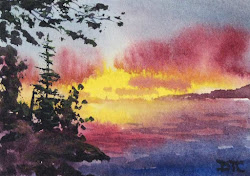 watercolor lake sunset painting miniature impressionist paintings landscape abstract modern impressionism derek collins acrylic aceo artist textured