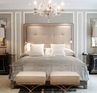 gray beige tan bedroom gold mirrors