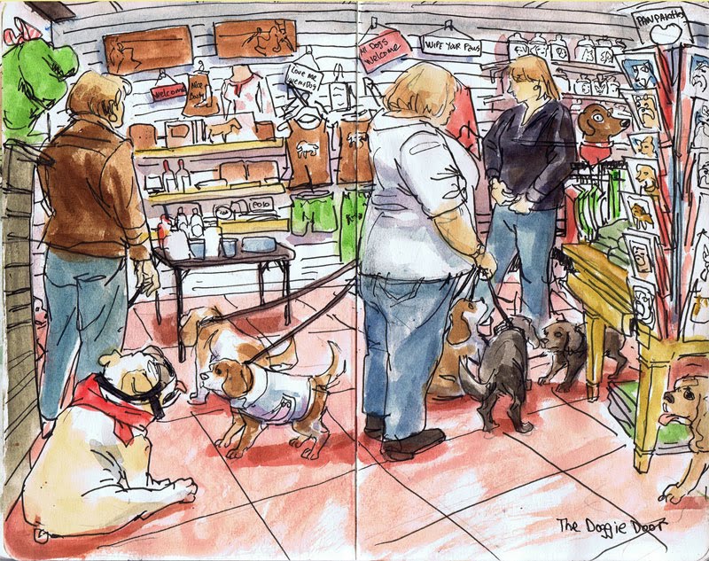 Картина купили щенка. Собака на улице иллюстрация. Собака на улице рисунок. Собака за покупками. Продажи иллюстрация.