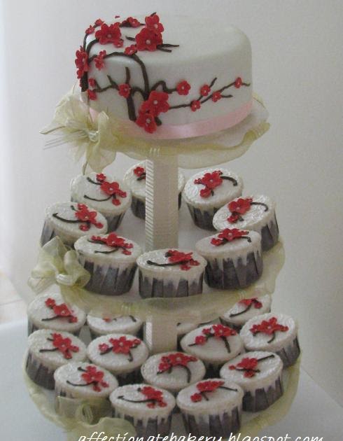 Affectionate: 3-Tiers Red Cherry Blossom Wedding Cake & Cupcakes ...
