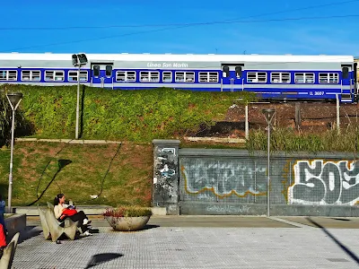 Persona sentada detras suyo pasa el tren.