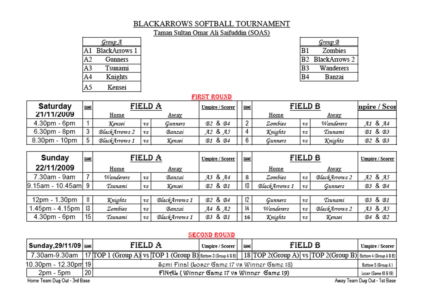 B.A.S.B.A Black Arrows Softball Tournament NEW SCHEDULE