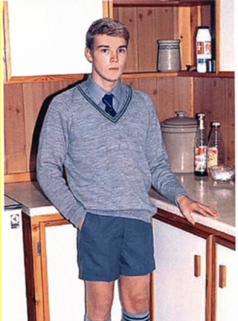 Boys in short shorts: Mark (age 25) in school uniform