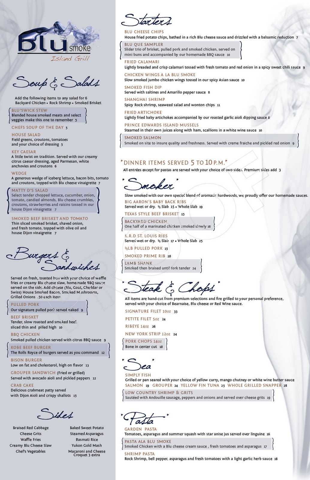 Blu Smoke Island Grill Food Menu