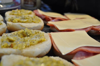 Side angle close up of freezer ham sandwiches