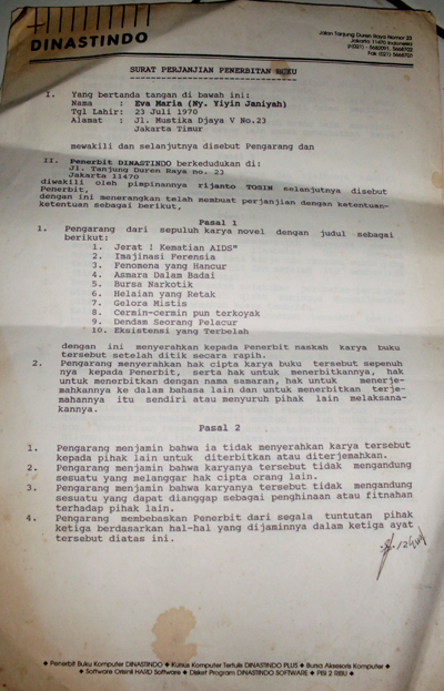 NOVEL DALAM LORONG AMNESIA: CONTOH DOKUMEN SURAT KONTRAK PENERBITAN