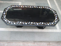 Corner Cut Table Top in Black Marble Inlay with Mother of Pearl