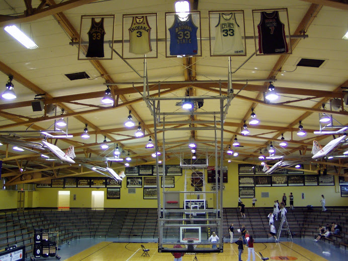 Larry Bird Jerseys in his high school gym rafters!