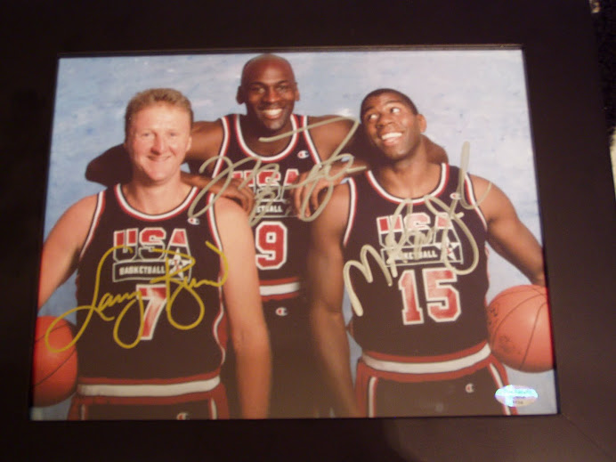 Larry Bird,Michael Jordan,Magic Johnson Team USA auto pic