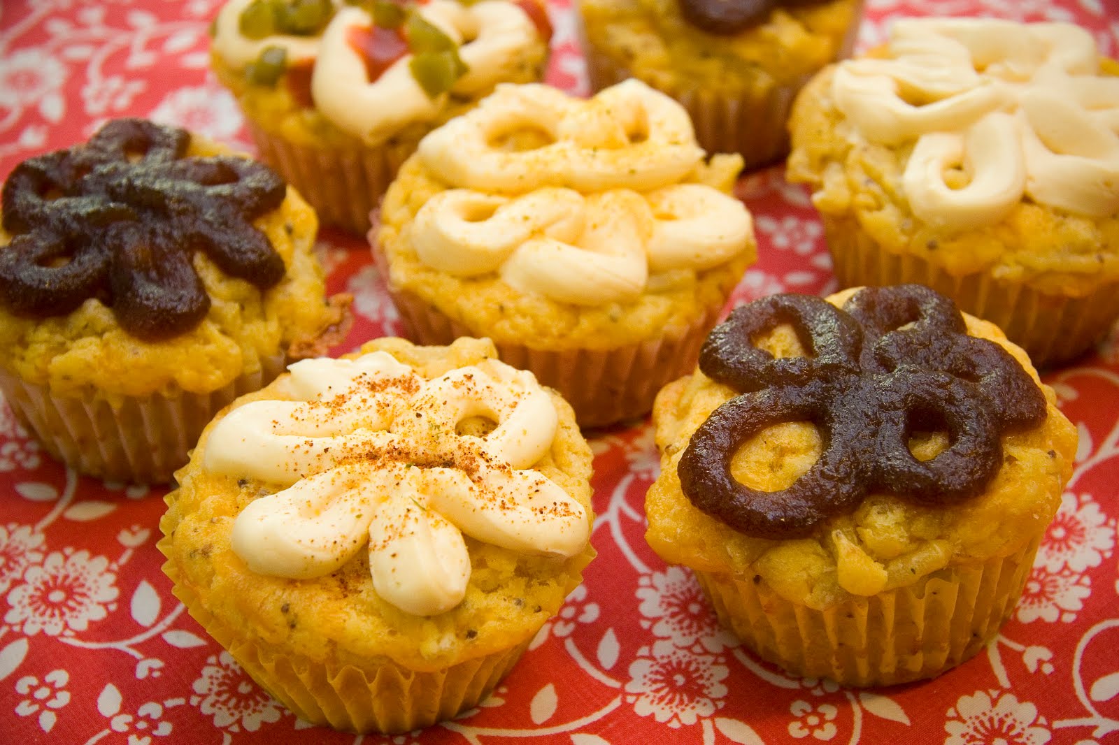 No Face Plate Mac 'n Cheese Cupcakes with Tabasco Frosting