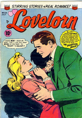Lovelorn ACG  Pre-Code Romance Comic Book cover scan sgows man and woman struggling in romantic conflict