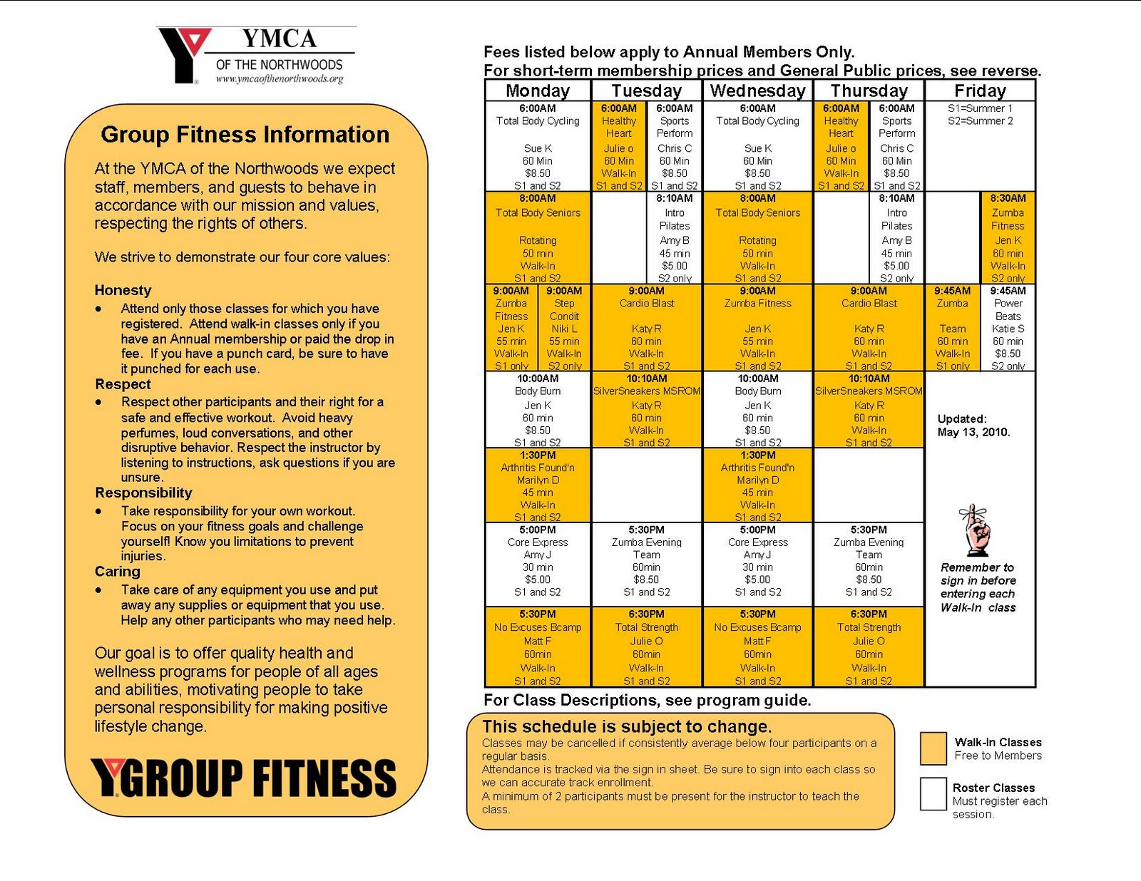 Ymca of the northwoods wellness 2010 summer fitness schedule
