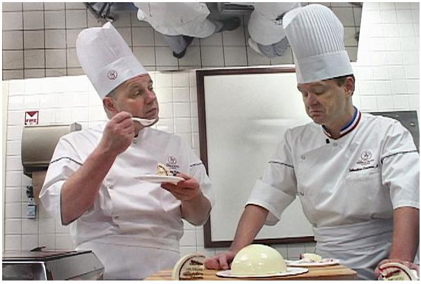 Top chefs testing a dessert