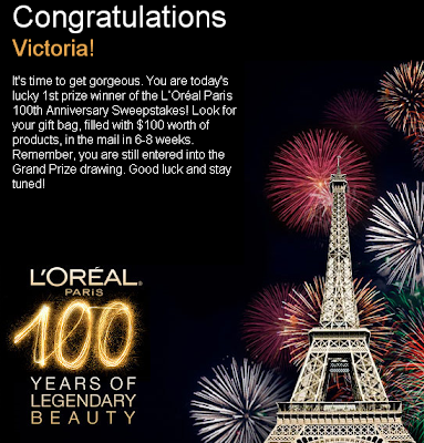 L'Oreal Paris 100th Anniversary Sweepstakes Daily Winner