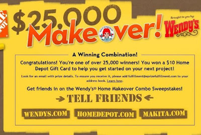 Wendy's Home Makeover Combo Instant Win Sweepstakes Winning Screenshot