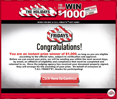 TGI Friday Everyday Holiday Gift Giveaway $1,000 Winning Screenshot$1