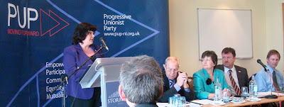 Dawn Purvis giving party leader's address at PUP conference