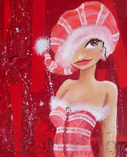 femme sensuelle et sexy avec bonnet de noel et corset rouge. sur fond rouge en matière illustration par l'illustratrice laure phelipon