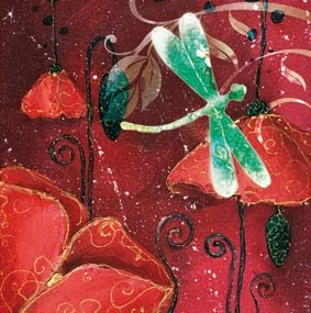 une libellule évoluant dans la nature sur fons de coquelicots dans des tons de rose et rouge pour l'agence de communication graphique blossom par l'illustratrice laure phelipon