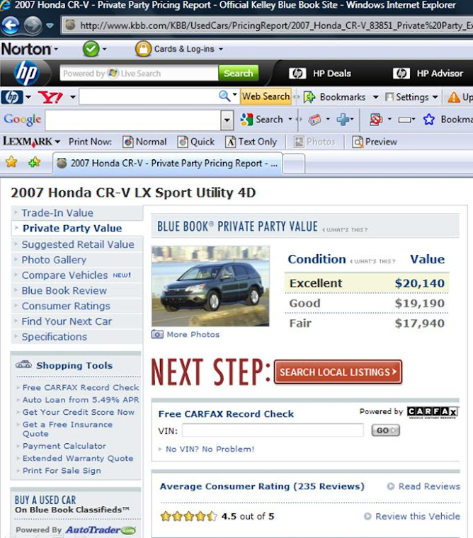 Kelly Blue Book for 2007 CRV= $20,140