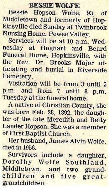 Bess's obituary, 1985