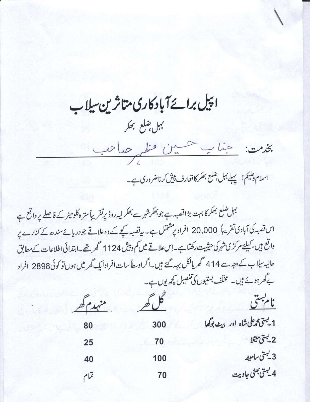 Flood relief/rehab Behal (district Bhakkar), Pakistan Urdu letter sent