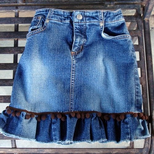 My Fabric Obsession: Remake a long jean skirt into a pom-pom trimmed ...