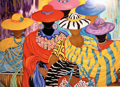 painting of six women in brightly colored dresses and hats